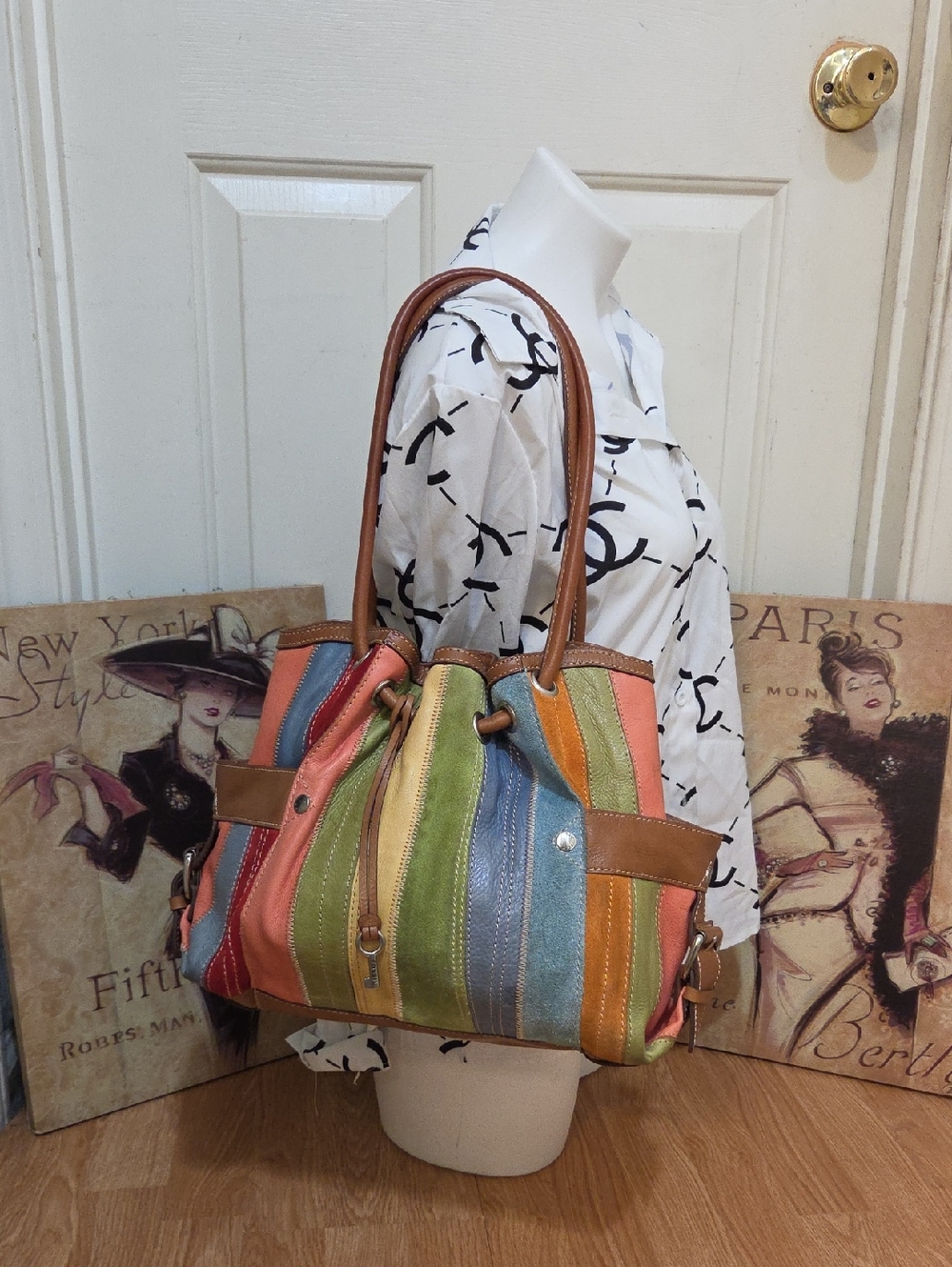 Vintage Fossil Multicolor Striped Leather & Suede  Shoulder Bag